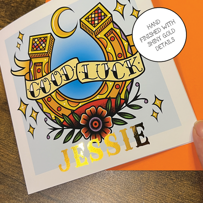 Tattoo Inspired Good Luck Horseshoe Greeting Card with Foil Finish Personalisation