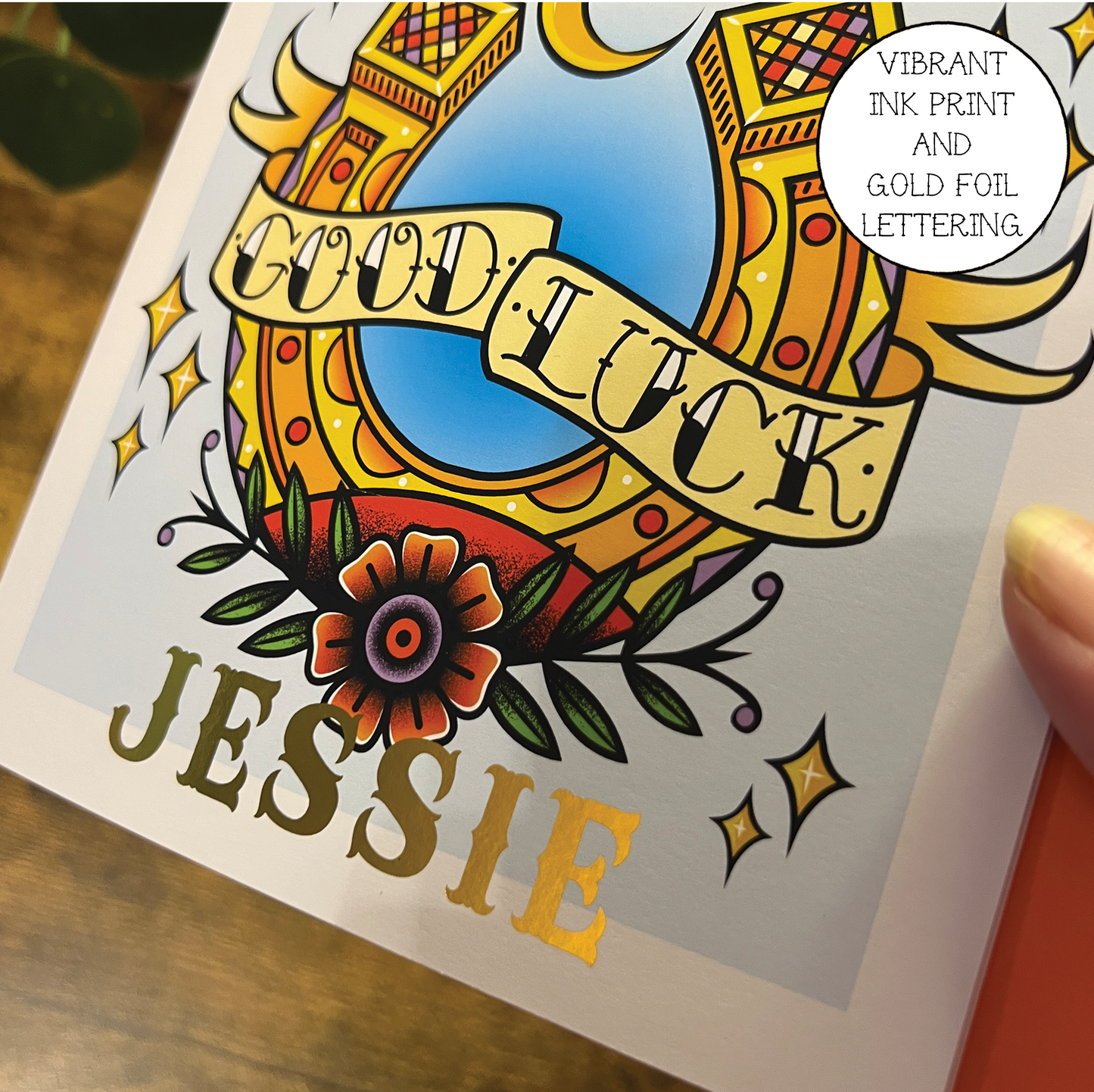 Tattoo Inspired Good Luck Horseshoe Greeting Card with Foil Finish Personalisation