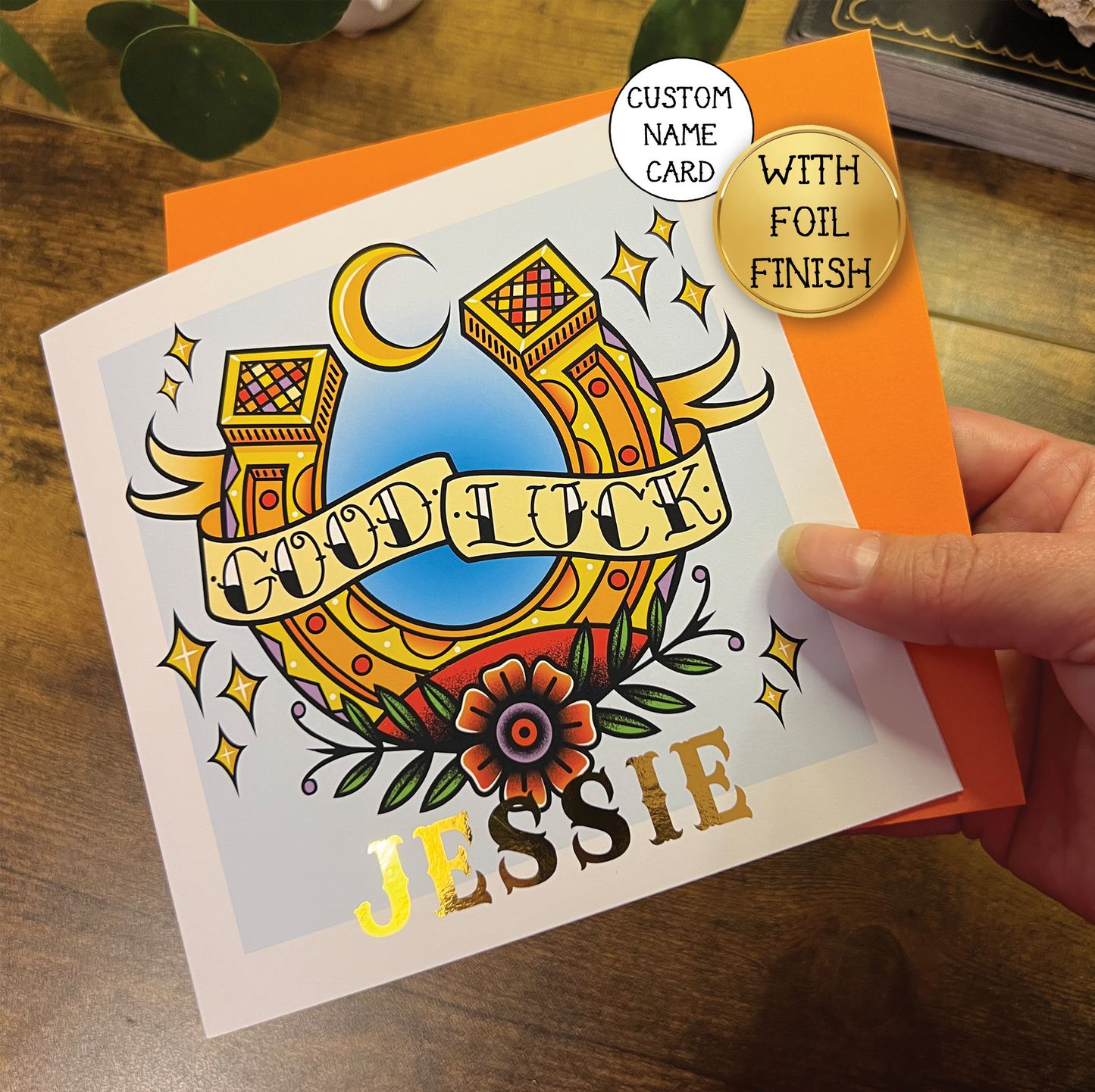 Tattoo Inspired Good Luck Horseshoe Greeting Card with Foil Finish Personalisation