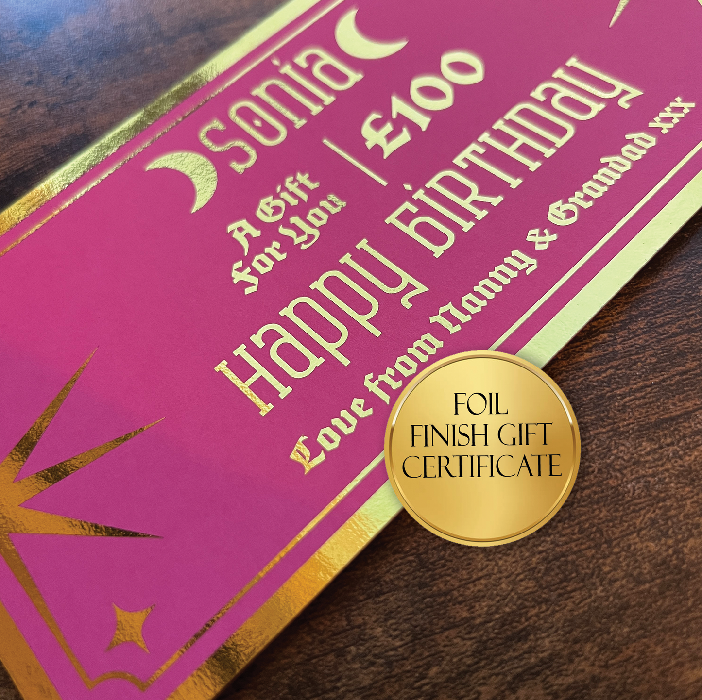 Foil finish gift certificate with pink and gold design