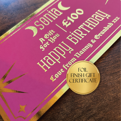Foil finish gift certificate with pink and gold design