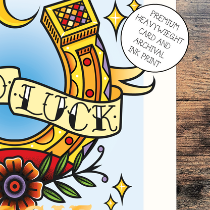 Tattoo Inspired Good Luck Horseshoe Greeting Card with Foil Finish Personalisation