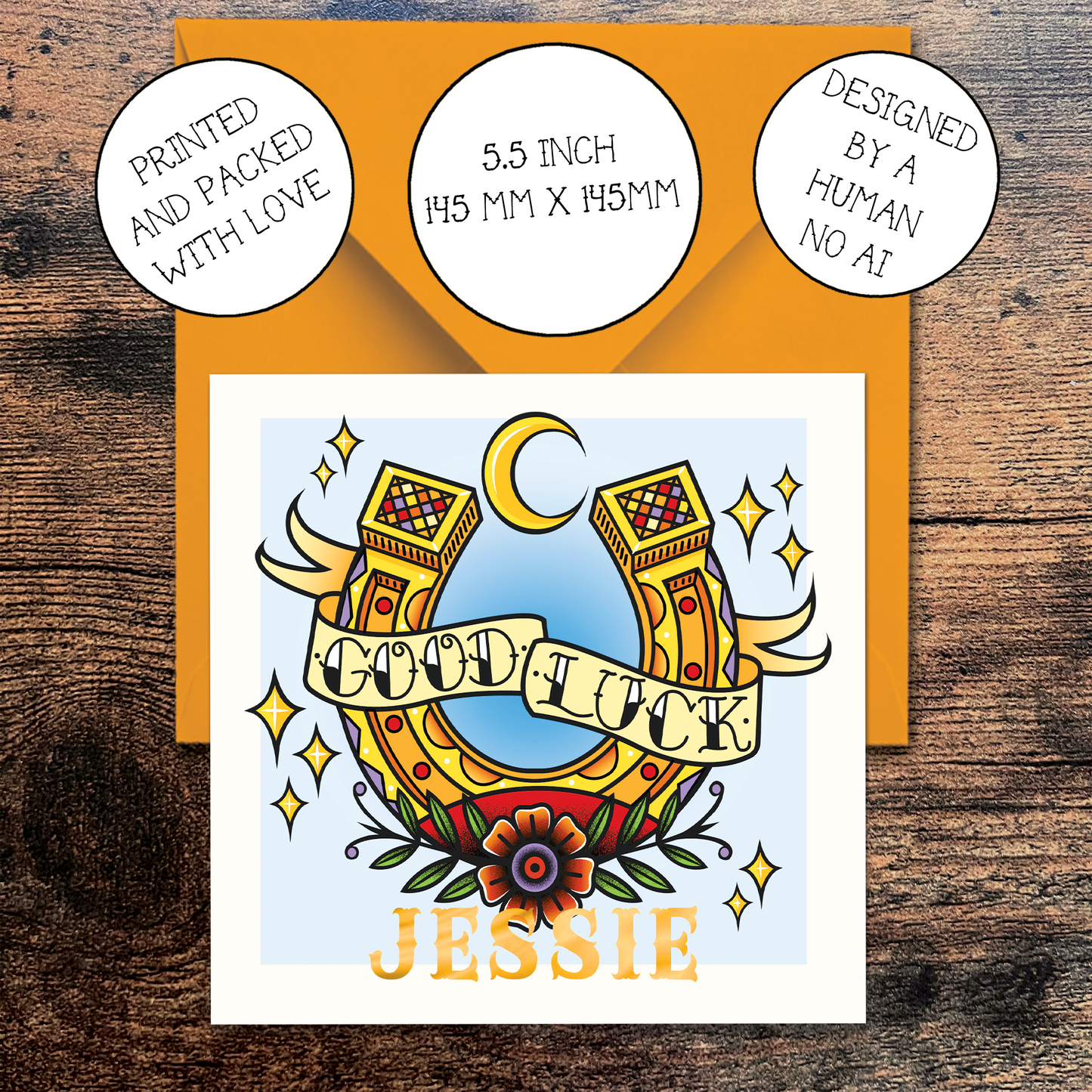 Tattoo Inspired Good Luck Horseshoe Greeting Card with Foil Finish Personalisation