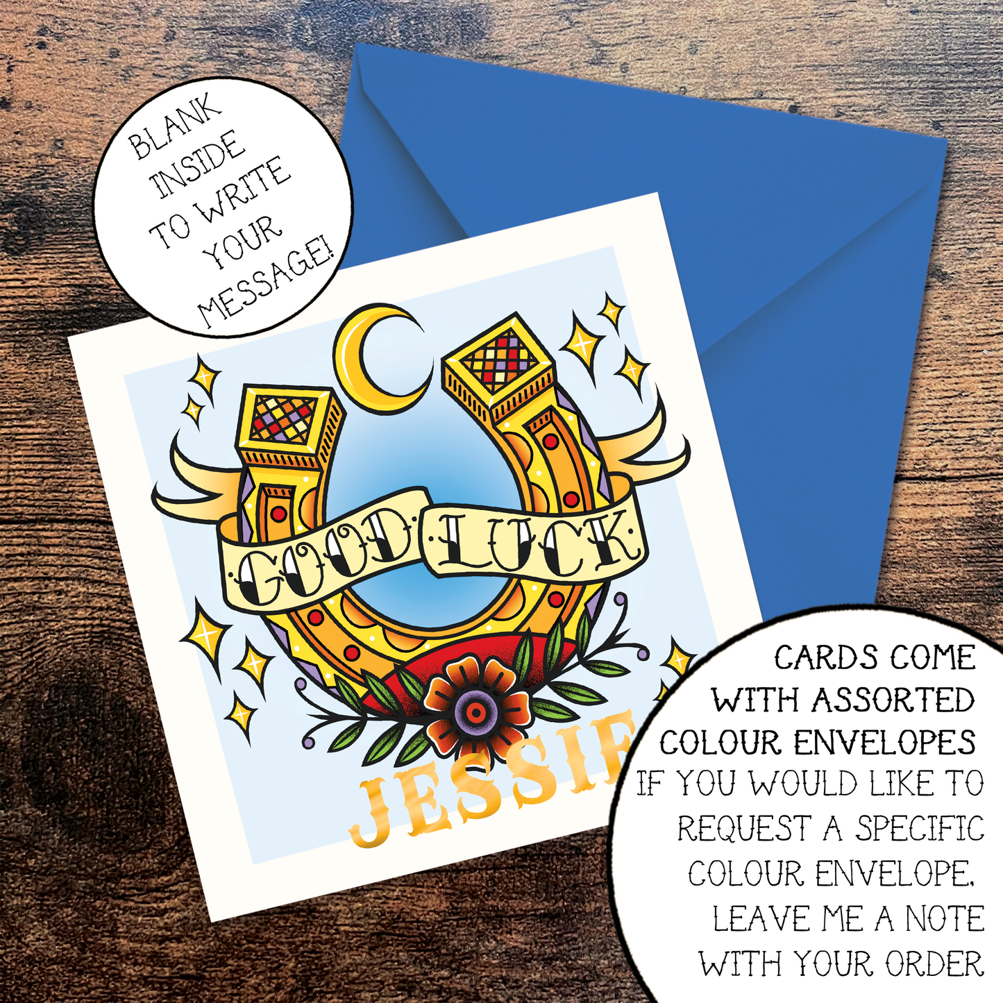 Tattoo Inspired Good Luck Horseshoe Greeting Card with Foil Finish Personalisation