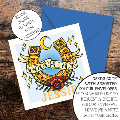 Tattoo Inspired Good Luck Horseshoe Greeting Card with Foil Finish Personalisation