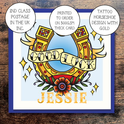 Tattoo Inspired Good Luck Horseshoe Greeting Card with Foil Finish Personalisation