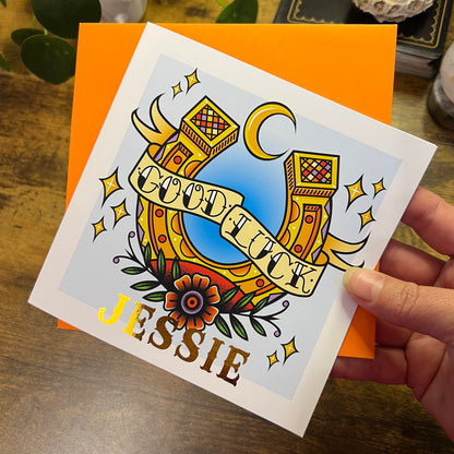 Tattoo Inspired Good Luck Horseshoe Greeting Card with Foil Finish Personalisation