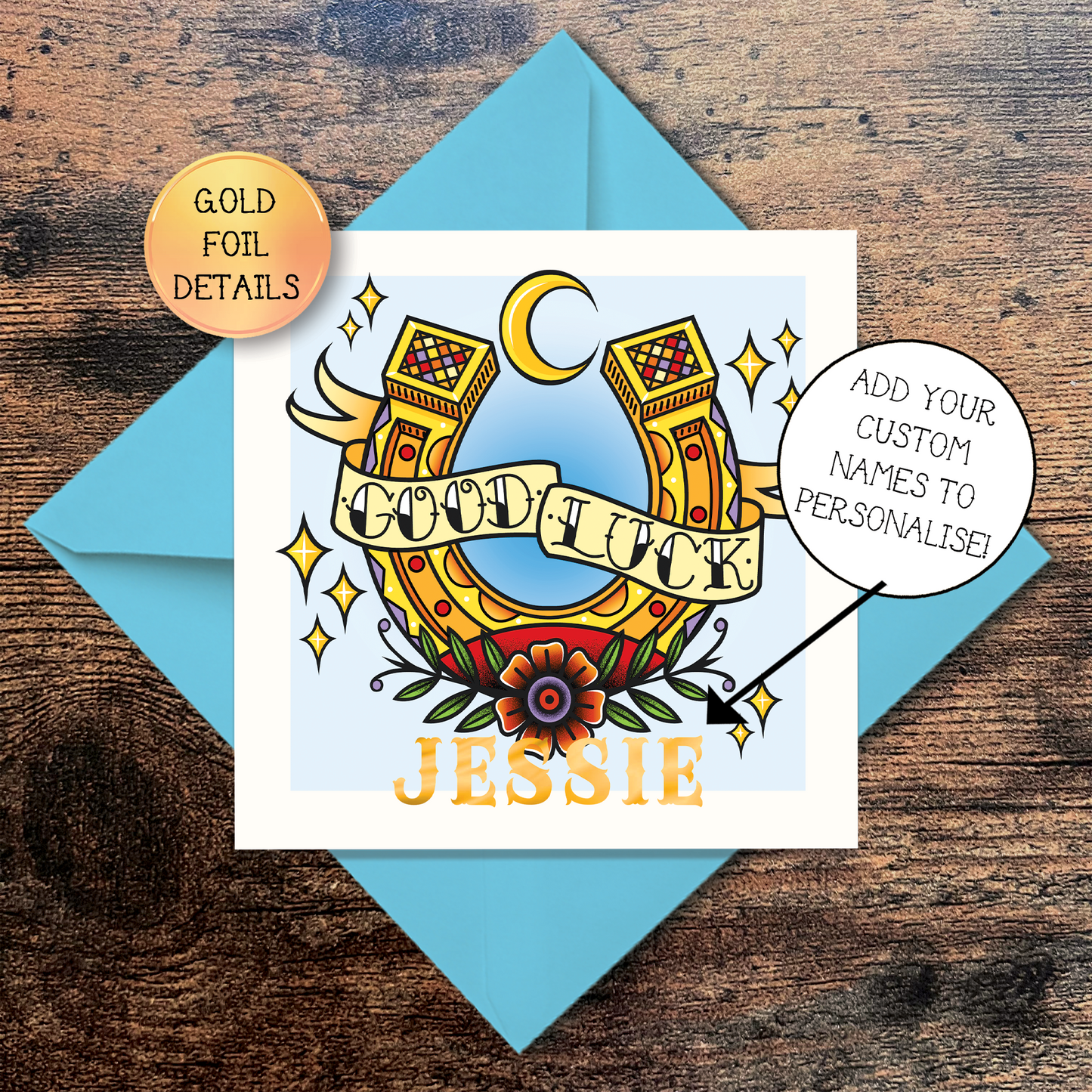 Tattoo Inspired Good Luck Horseshoe Greeting Card with Foil Finish Personalisation