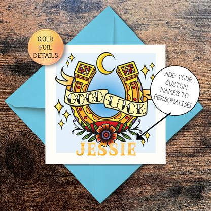 Tattoo Inspired Good Luck Horseshoe Greeting Card with Foil Finish Personalisation